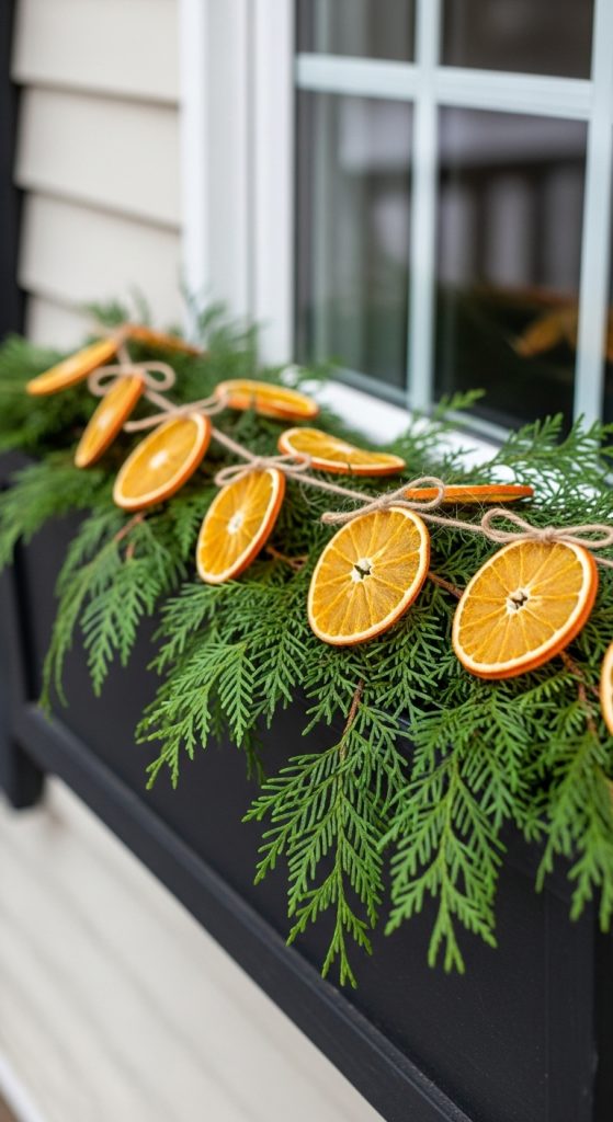 evergreen garland and dried orange slices on twine in a planter box for winter