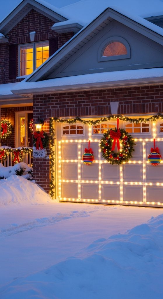 Fairy lights lining all the panel lines of a white garage door with a large wreath for Christmas