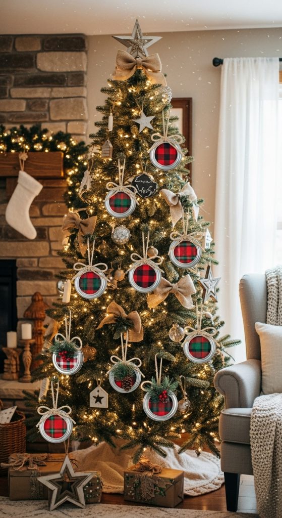 Mason jar lids covered in plaid used as christmas tree decor