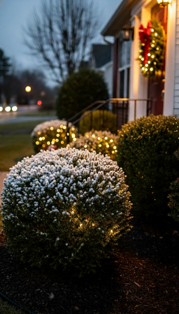 bushes outside front of home spray painted with faux snow