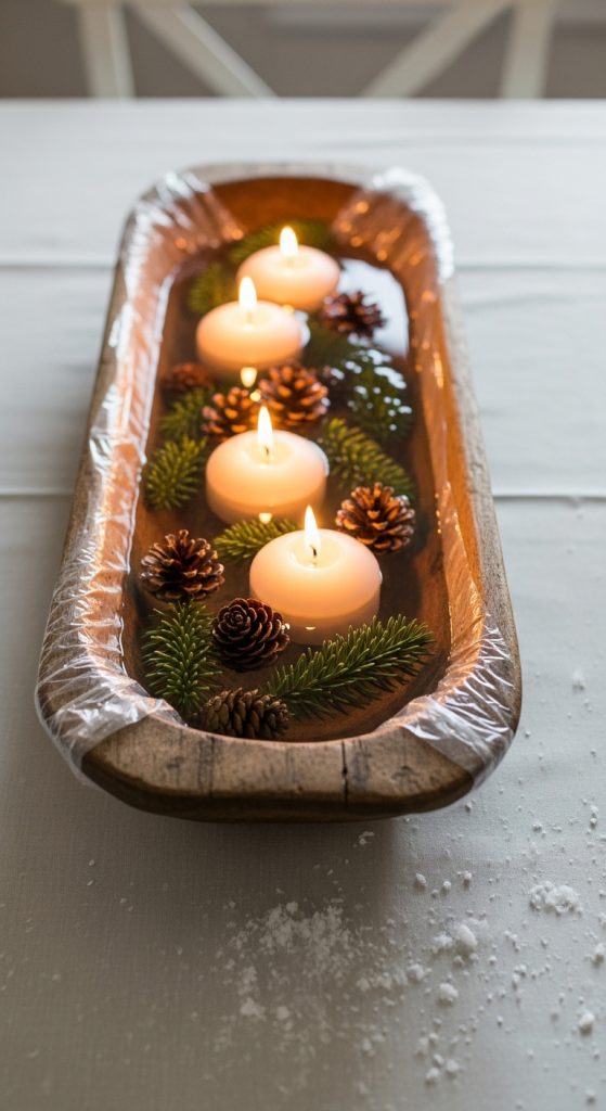Wooden dough bowl with pinecones and floating candles Christmas Floating Candle Centerpieces