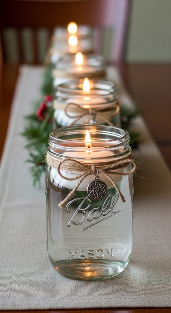 Mason jars wrapped with twine and white floating candles