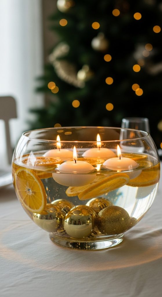 Punch bowl with gold ornaments, orange and lemon slices for a Christmas centerpiece 