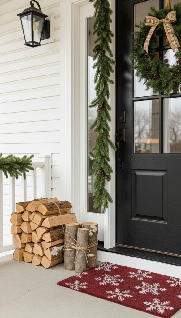 stack of logs sitting outside the front door for Christmas as rustic charm
