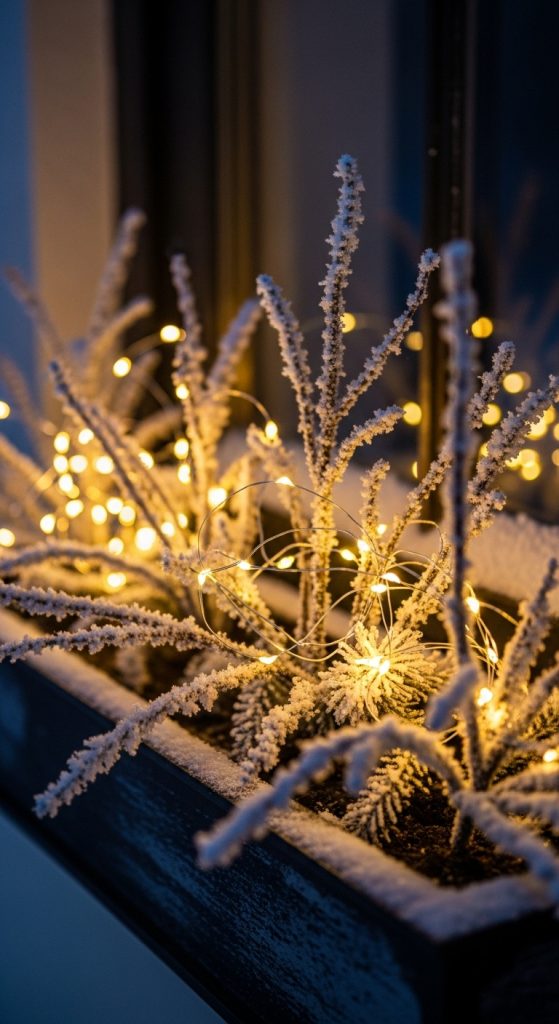 snow dusted twigs and fairy lights in planter box