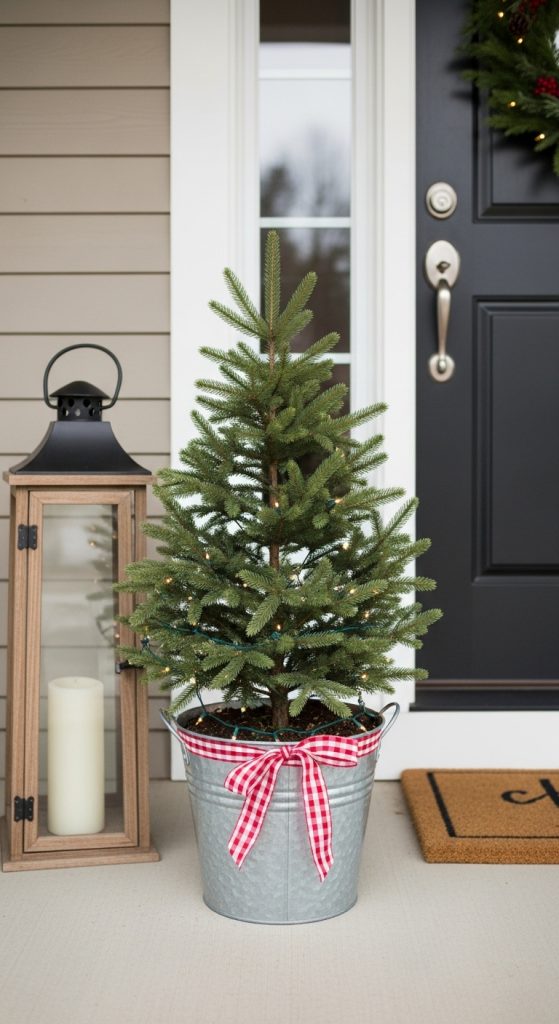 Mini tree in a metal bucket with plaid ribbon for christmas on front porch