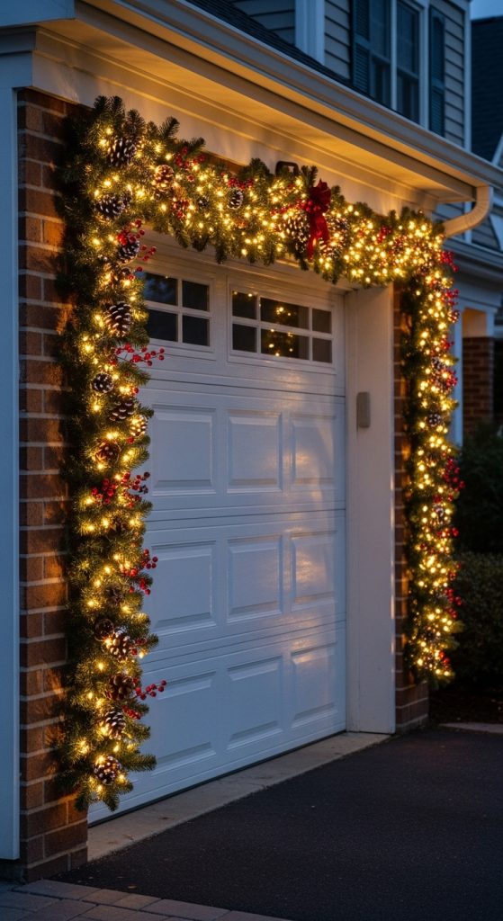 Garland outlining white garage door for christmas
