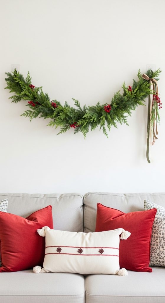 A large garland hangs on a white wall behind a modern sofa