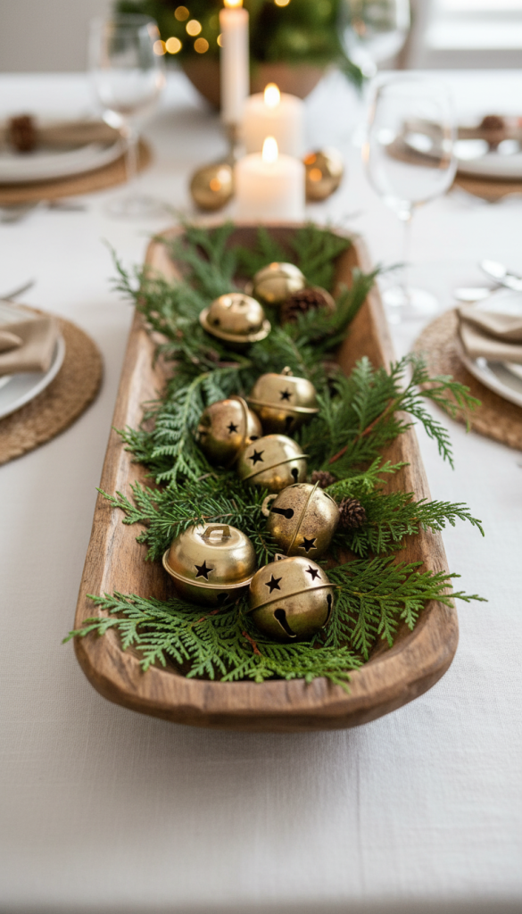 gold bells on greenery in a dough bowl Christmas Dough Bowl Centerpiece