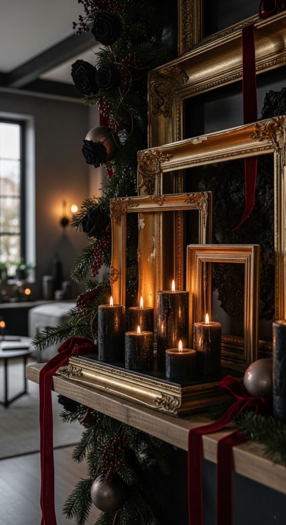 black candles and golden frames on shelf Gothic Decoration Ideas for Christmas