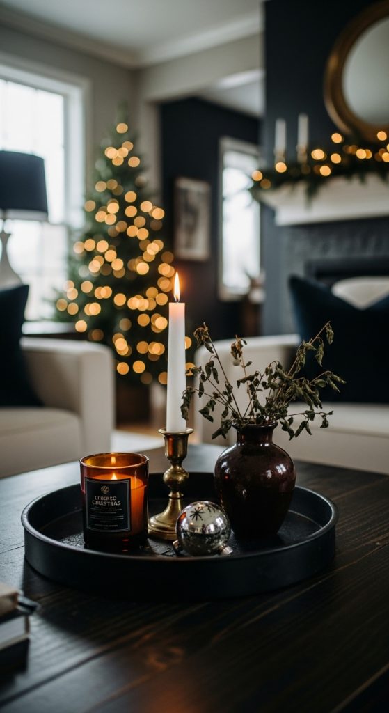 ornaments on a round coffee tray on a table in the living room