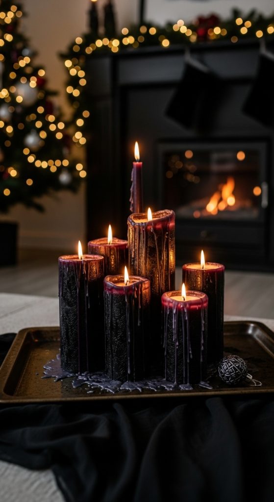 black pillar candles dripping with wax on a tray 