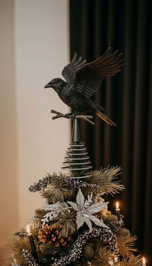 Gothic Decoration Ideas for Christmas with a raven style tree topper