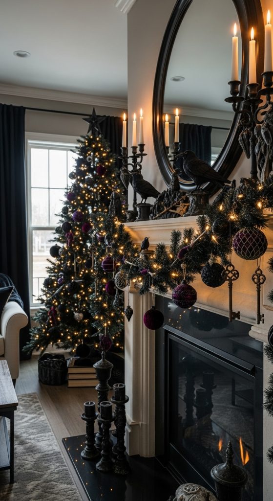 Christmas garland in black with dark colored ornaments