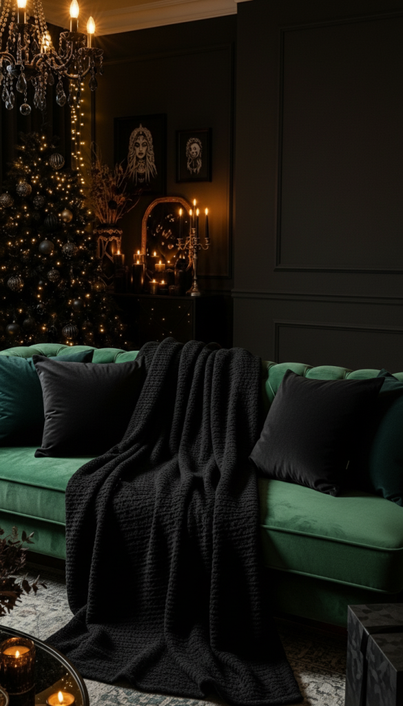 Black throw over a velvet green sofa 