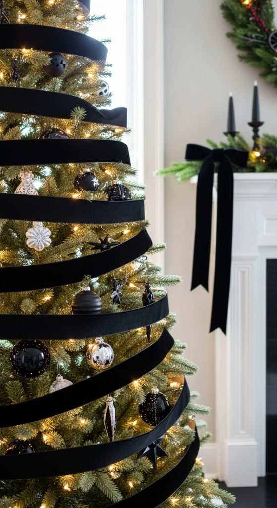 black ribbon hung around a tree for christmas