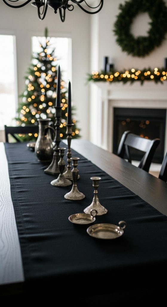 black table runner with silver candle holders Gothic Decoration Ideas for Christmas