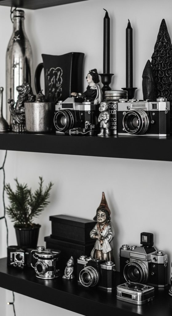 metallic and black ornaments on shelves for christmas