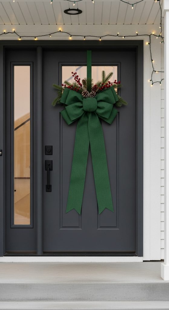 Large green ribbon on dark gray modern door for Christmas