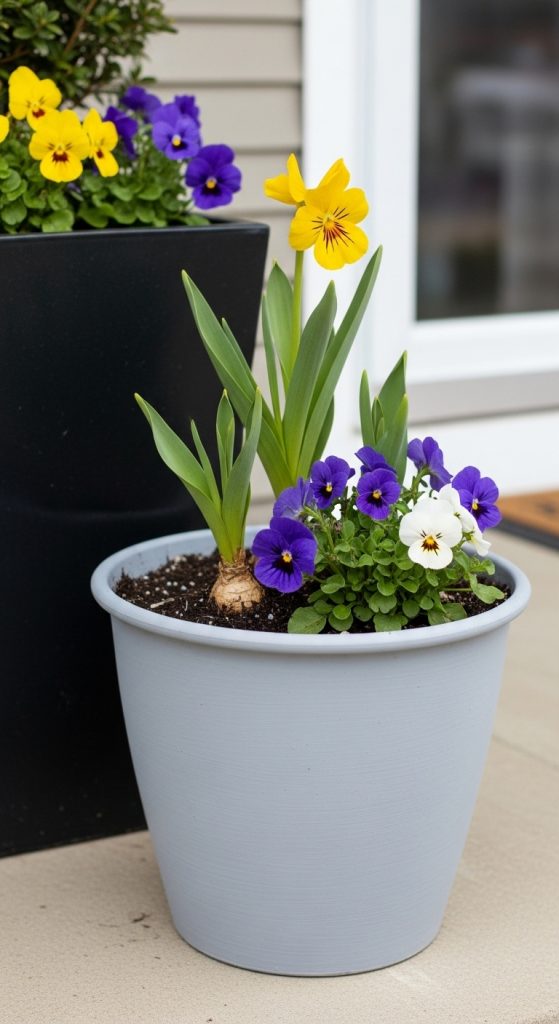 soft grey planter with spring flowers 
