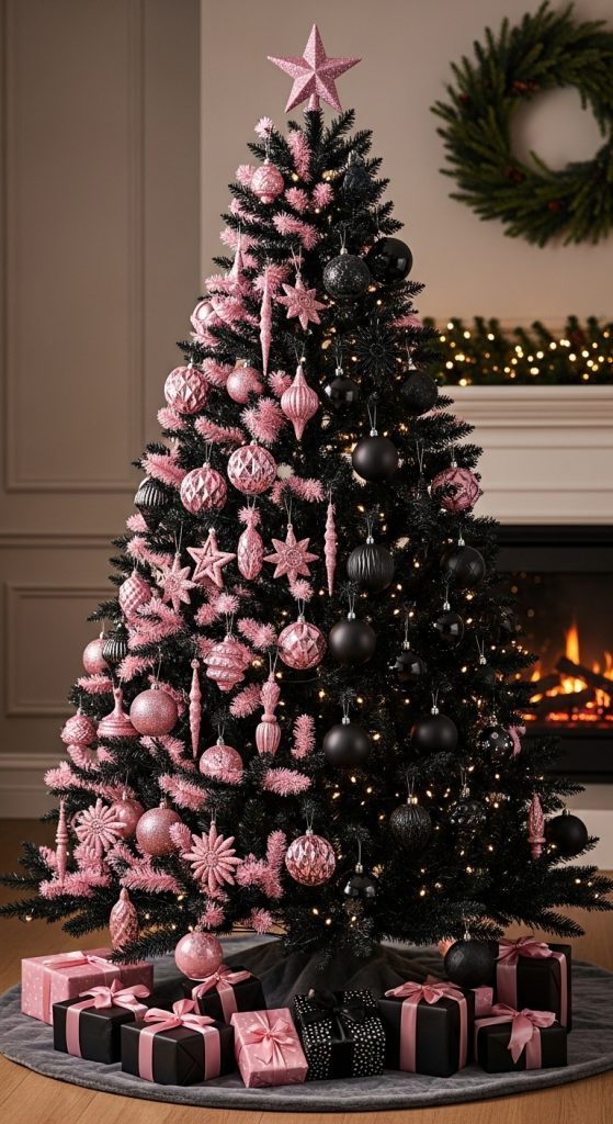 half and half christmas tree where one side is decorated in pink and the other side is decorated in black