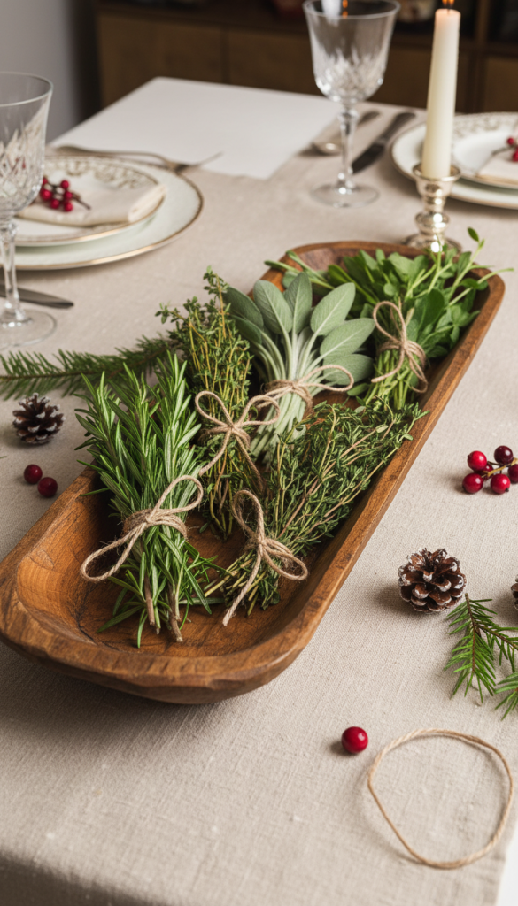 Herbs tied together with twine in a dough bowl in the center of a Christmas table 