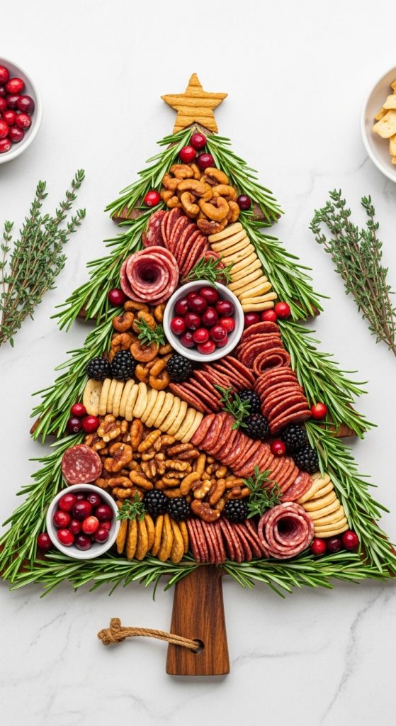 tree shaped charcuterie board with herbs and meat for christmas