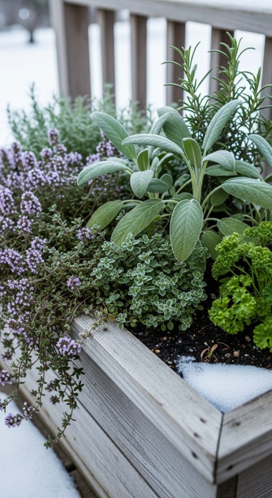 rustic planter box with herbs 