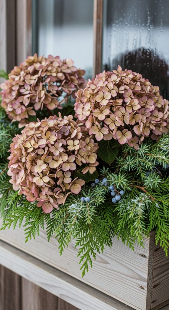 Dried hydrangeas and evergreen in wooden planter box 