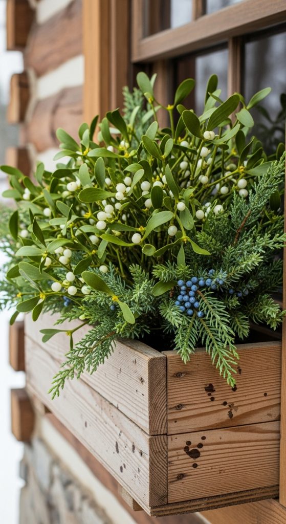juniper and mistletoe in a wooden planter box for winter