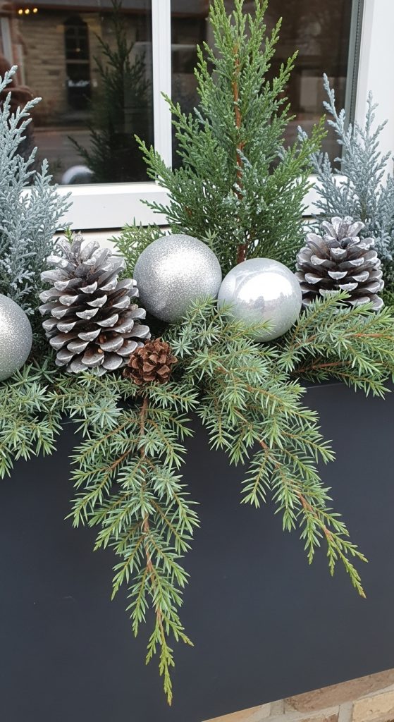 Snow-dusted pinecones and silver ornaments in a Winter Planter Box