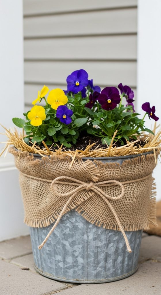 Old tin planter with jute, twine and spring flowers