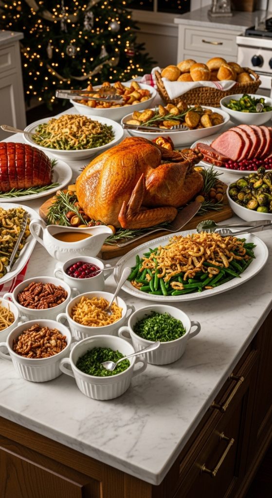 small snack bowls for toppings on a christmas kitchen island 