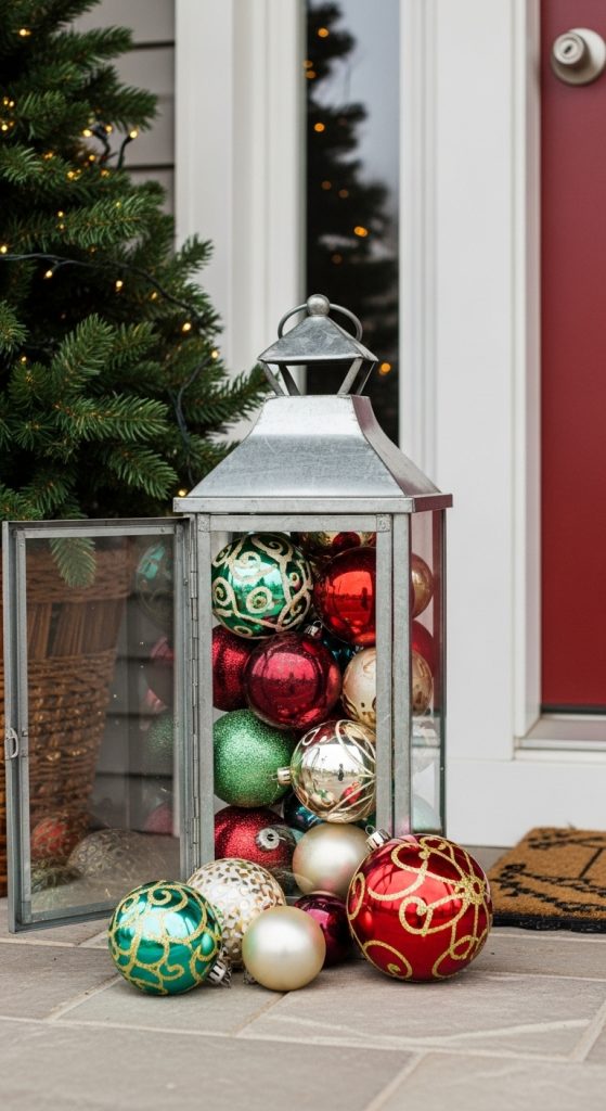 Silver lantern full of old Christmas ornaments on front porch 