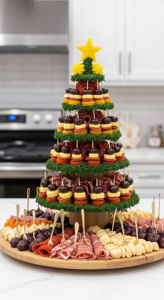 Lazy susan charcuterie board with cheese and meat