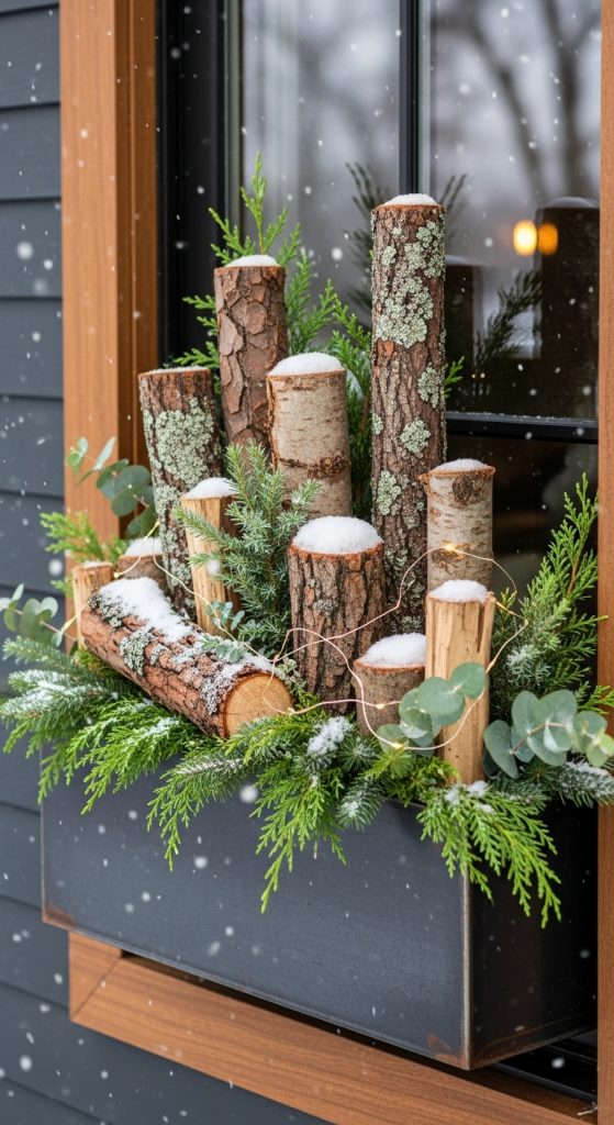 black planter box for winter with rustic logs, evergreen and snow