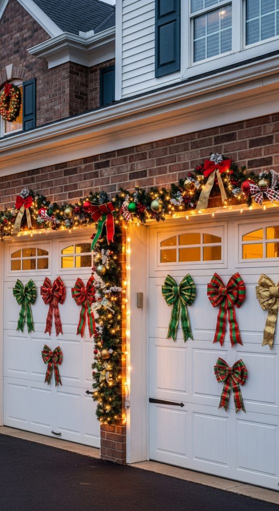 cute muti-colored bows on garage doors as festive holiday decor