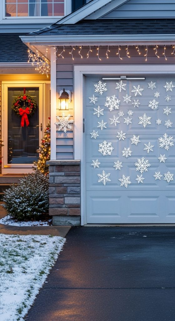 Magnetic snowflakes stuck onto a garage door for christmas 