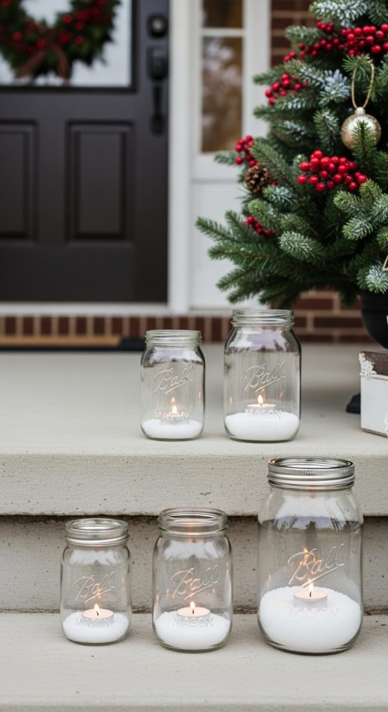 mason jars where the bottom is filled with faux snow and tealights have been lit for christmas