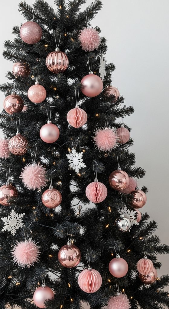 Black Christmas tree with pink baubles, paper ornaments and snowflakes