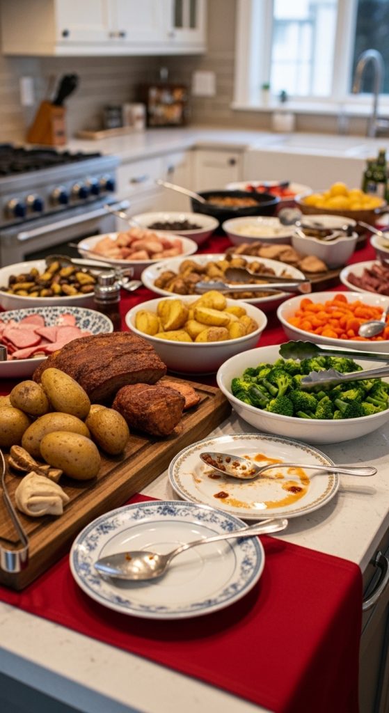 plates to hold serving spoons on a kitchen island for christmas