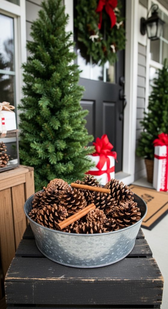 shallow galvanized bowl filled with pinecones and cinnamon sticks on the front porch for Christmas