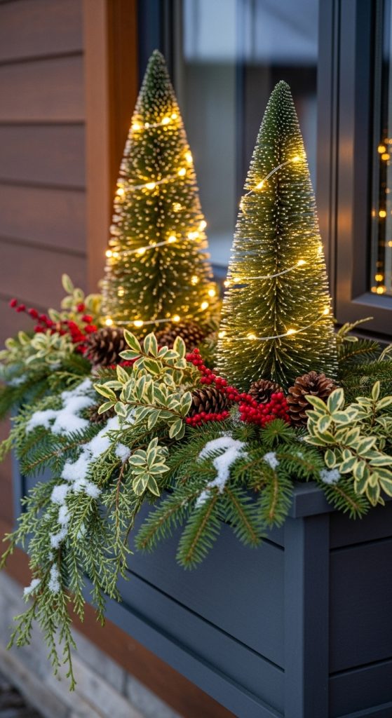 Winter Planter Box with two mini Christmas trees, lights and red berries 