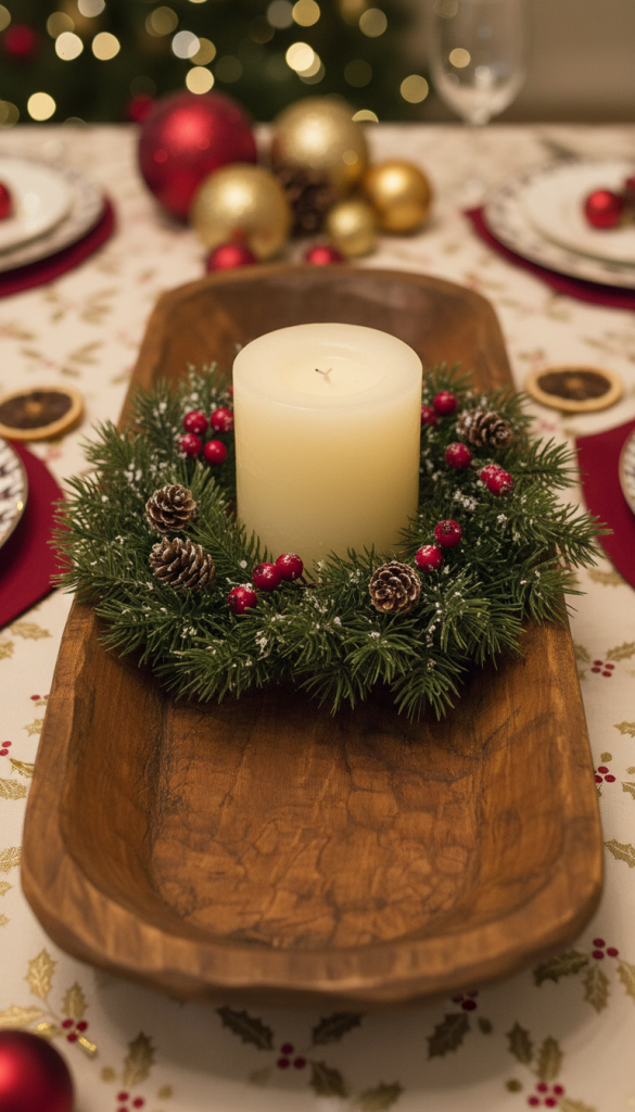 simple wreath and candle Christmas Dough Bowl Centerpiece