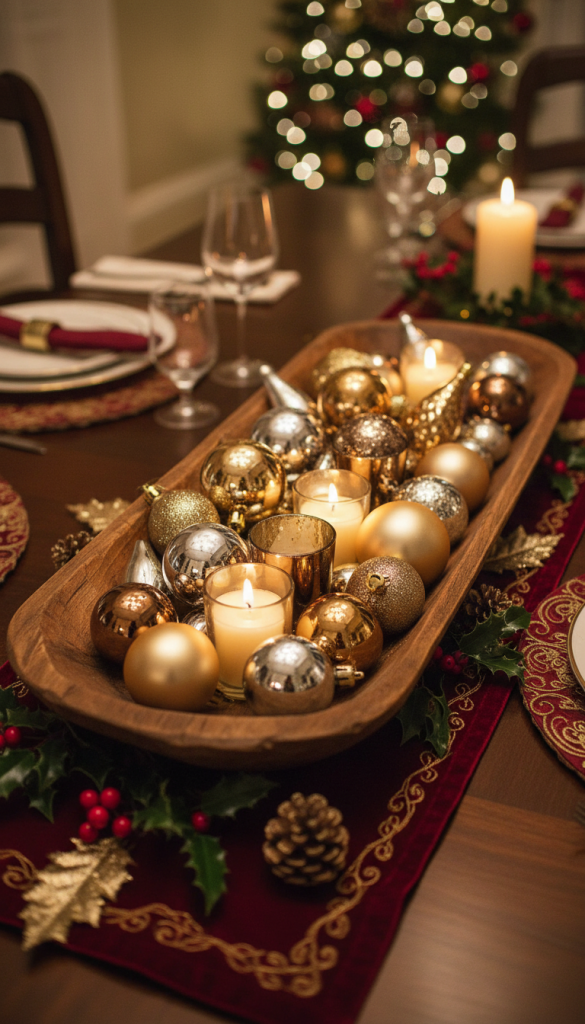 gold ornaments with candles in a dough bowl on christmas table 