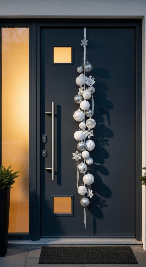 Staggered ornaments hanging from a modern front door for Christmas