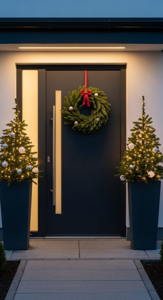 Two tall planters framing the doorway of a modern door for christmas