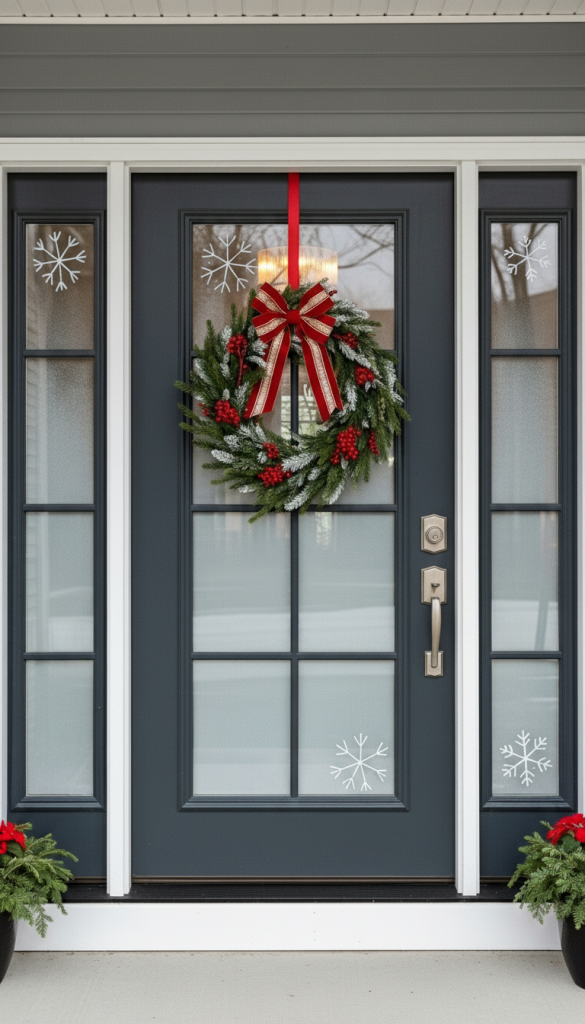 simple snowflake decals and stencils on the window panes of a modern door