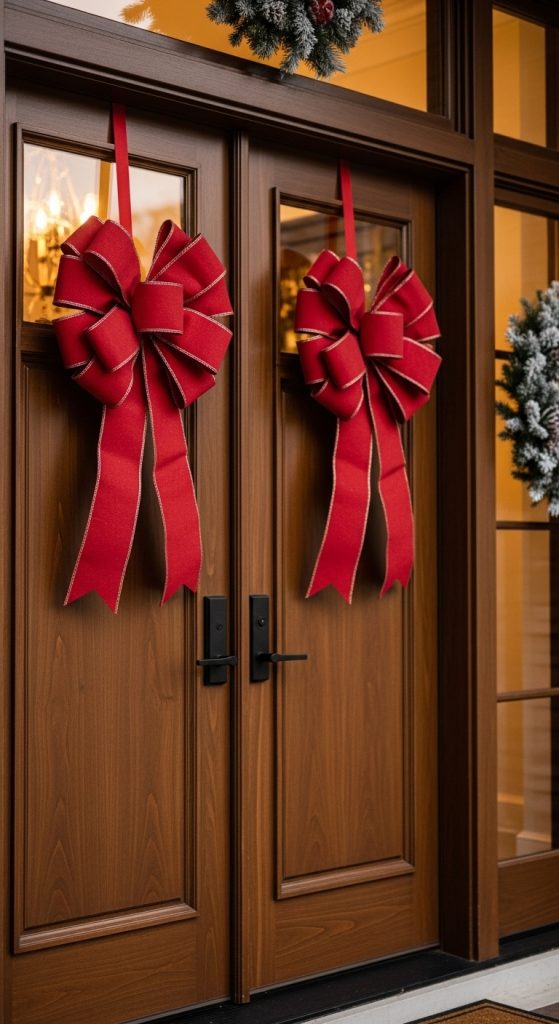 big red ribbons on wooden double doors for christmas