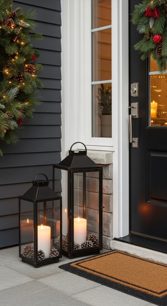 Two oversized lanterns outside door for Christmas